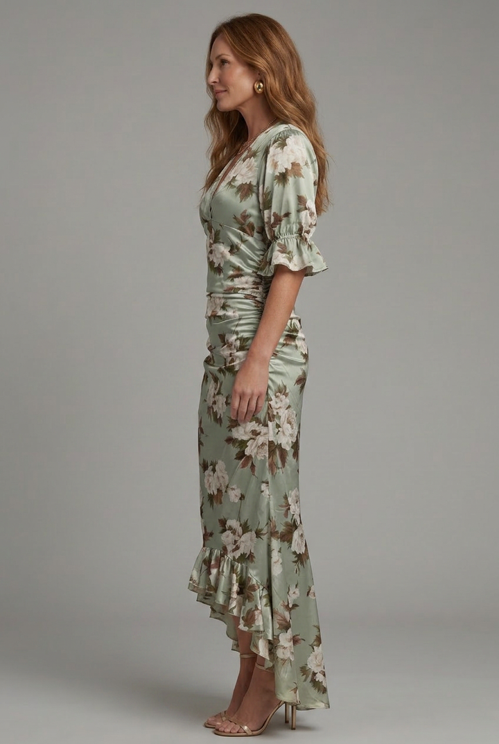 Palm | Short Sleeve V Neck Ruched Waist Midi Dress