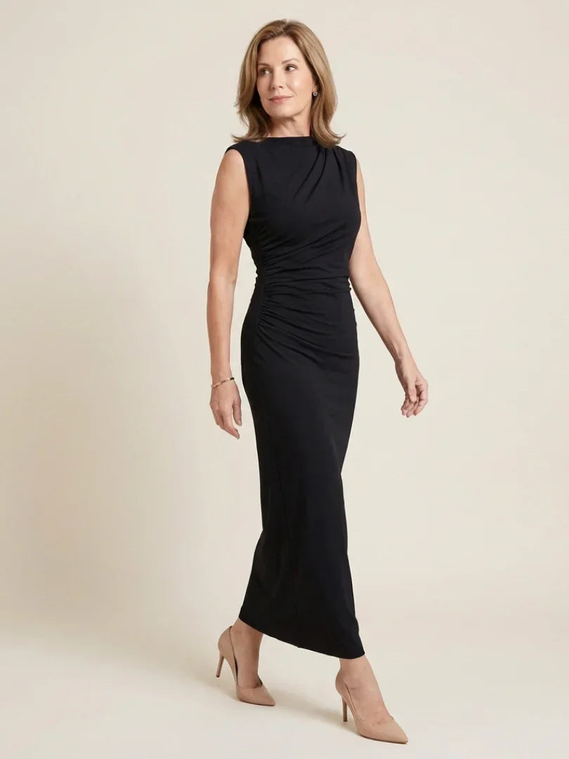 Sabine | Sleeveless Draped High Neck Midi Dress