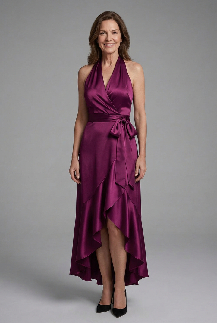 Selene | Halter Wrap Tie High Low Satin Dress