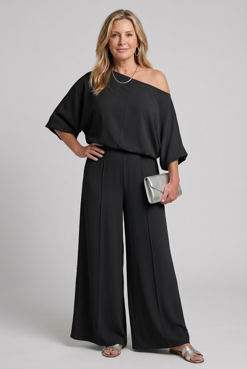 Siomara | One Shoulder Wide Sleeve Top And Wide Leg Pants Set