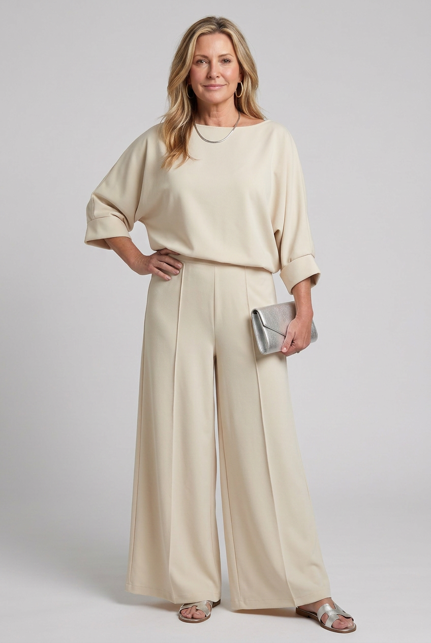 Siomara | One Shoulder Wide Sleeve Top And Wide Leg Pants Set