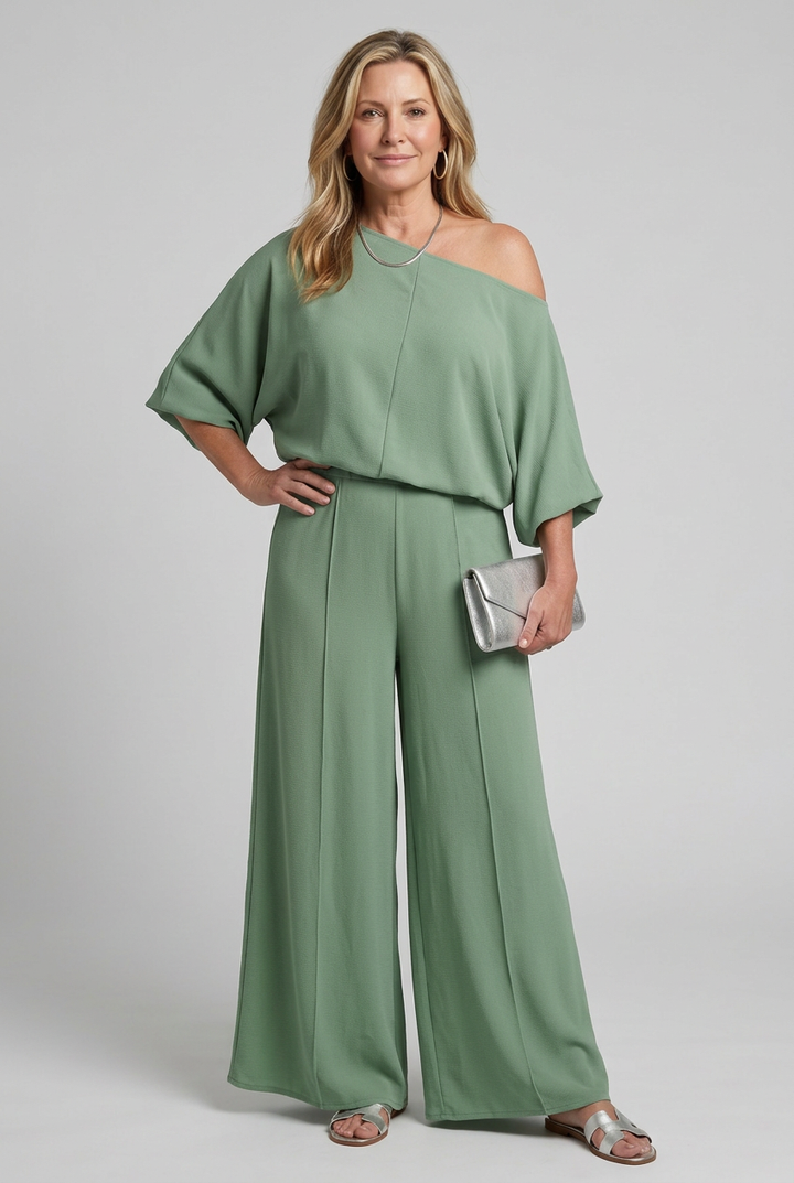 Siomara | One Shoulder Wide Sleeve Top And Wide Leg Pants Set