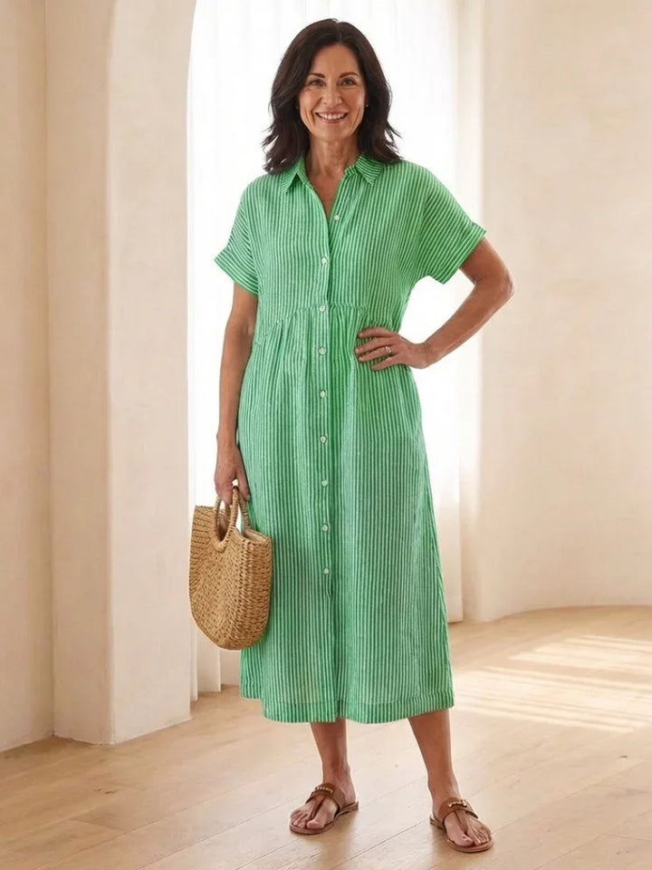 Linnea | Striped Button Front Short Sleeve Midi Dress