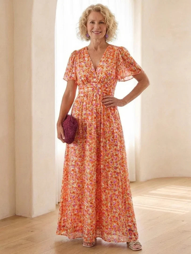 Maris | Floral V Neck Short Sleeve Maxi Dress