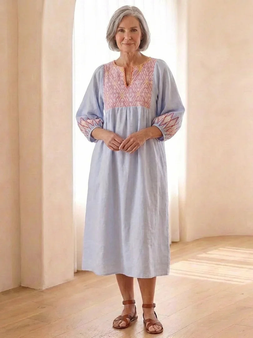Solene | Embroidered V Neck Long Sleeve Midi Dress