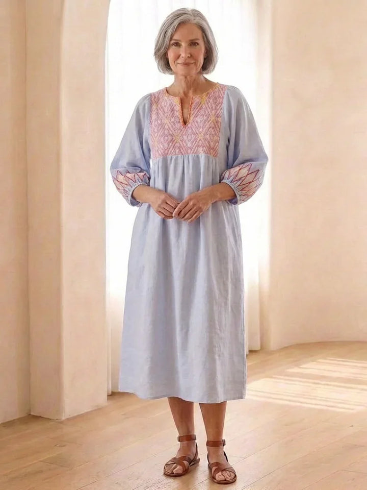Solene | Embroidered V Neck Long Sleeve Midi Dress
