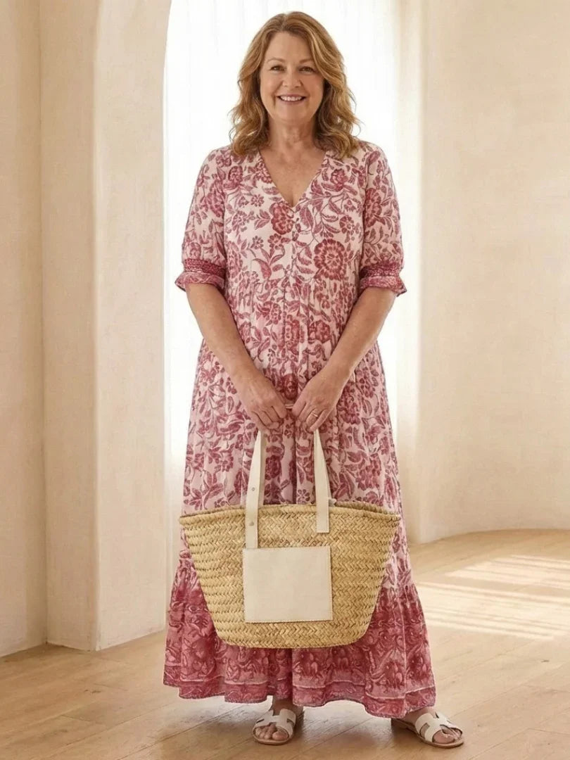 Tamsin | Floral V Neck Three Quarter Sleeve Midi Dress