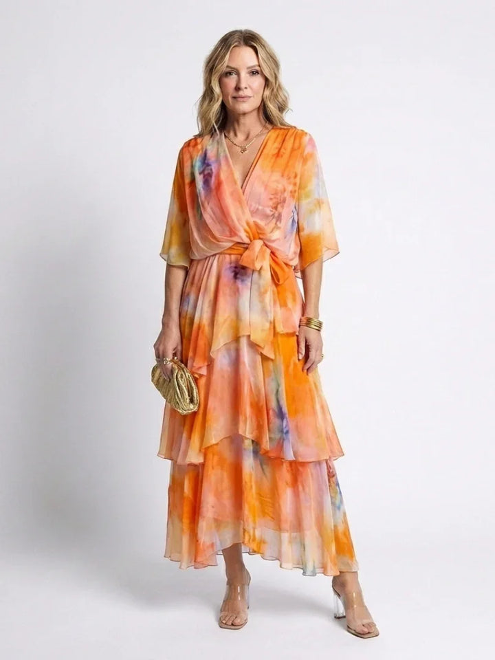 Calista | Sheer Layered V Neck Tie Waist Maxi Dress