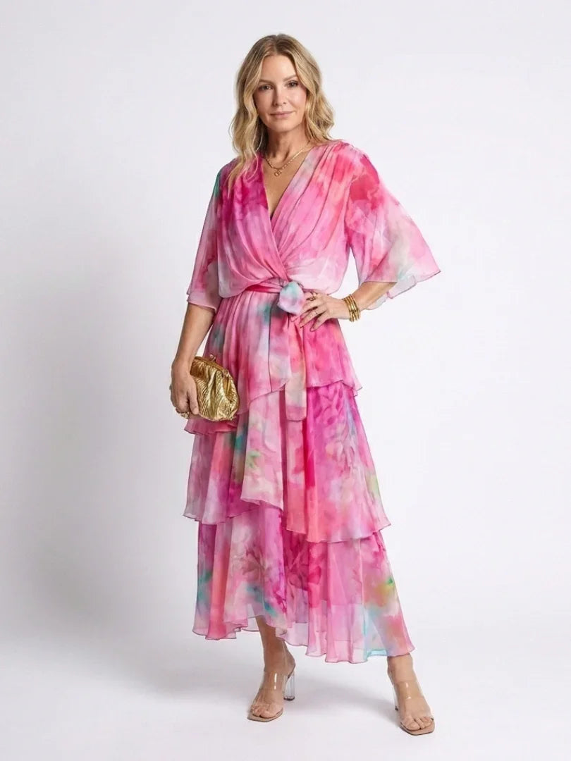 Calista | Sheer Layered V Neck Tie Waist Maxi Dress