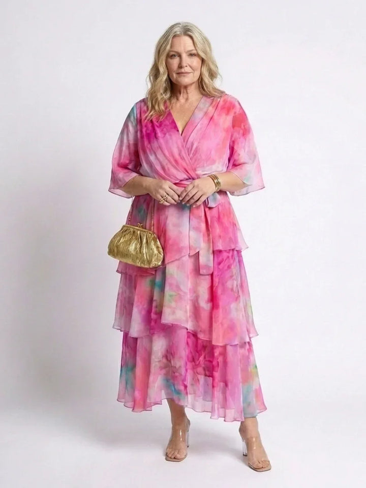 Calista | Sheer Layered V Neck Tie Waist Maxi Dress