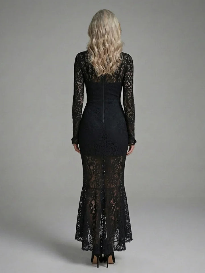 Margaret | Long Sleeve High Neck Lace Midi Dress