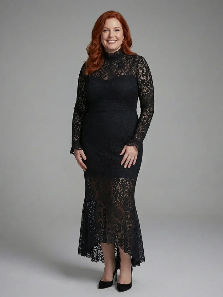 Margaret | Long Sleeve High Neck Lace Midi Dress