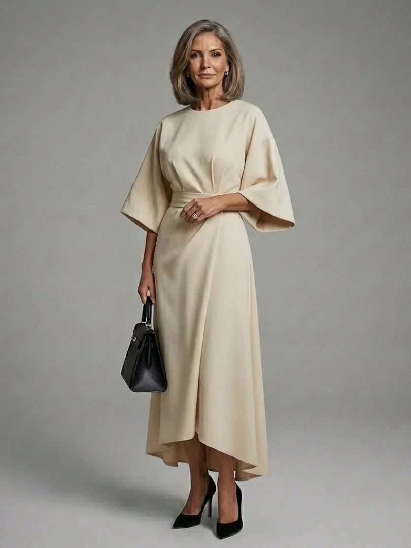 Sereia | Waist Defined Cape Sleeve Asymmetric Midi Dress