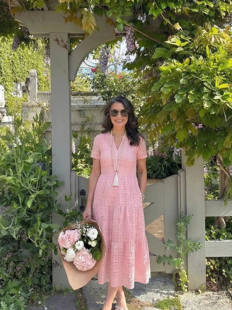 Odelisse | Short Sleeve Eyelet Tiered Midi Dress