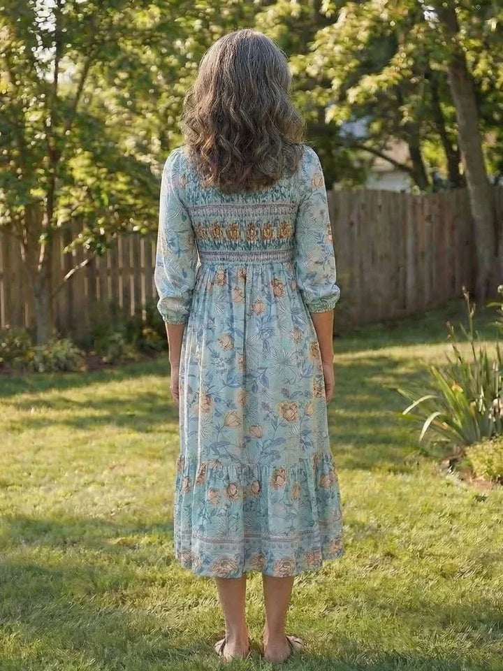 Mariselle | Half Sleeve Smocked Floral Midi Dress