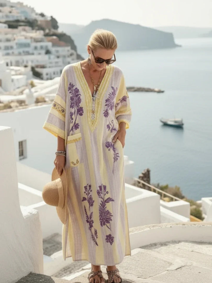 Aurelia | V Neck Half Sleeve Striped Floral Maxi Dress
