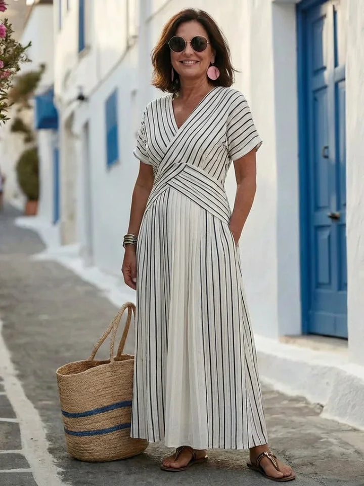 Cressida | V Neck Short Sleeve Cross Waist Midi Dress
