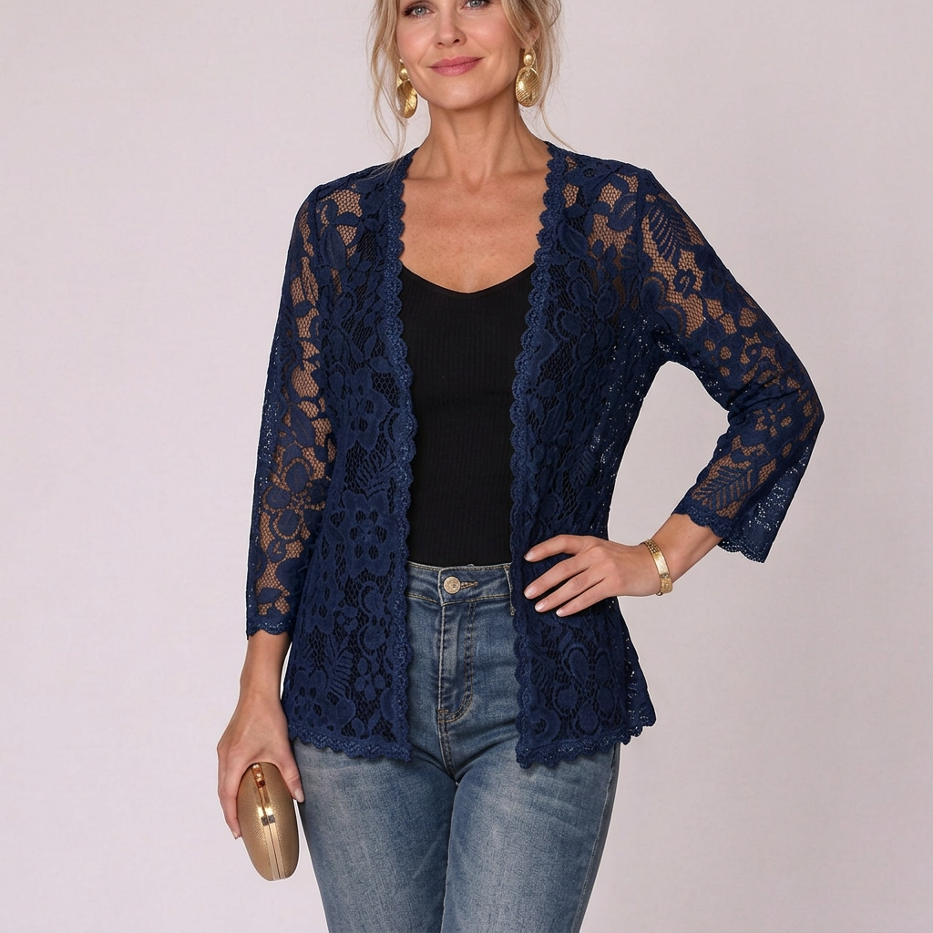 Elowen | Floral Lace 3/4 Sleeve Open Front Cardigan