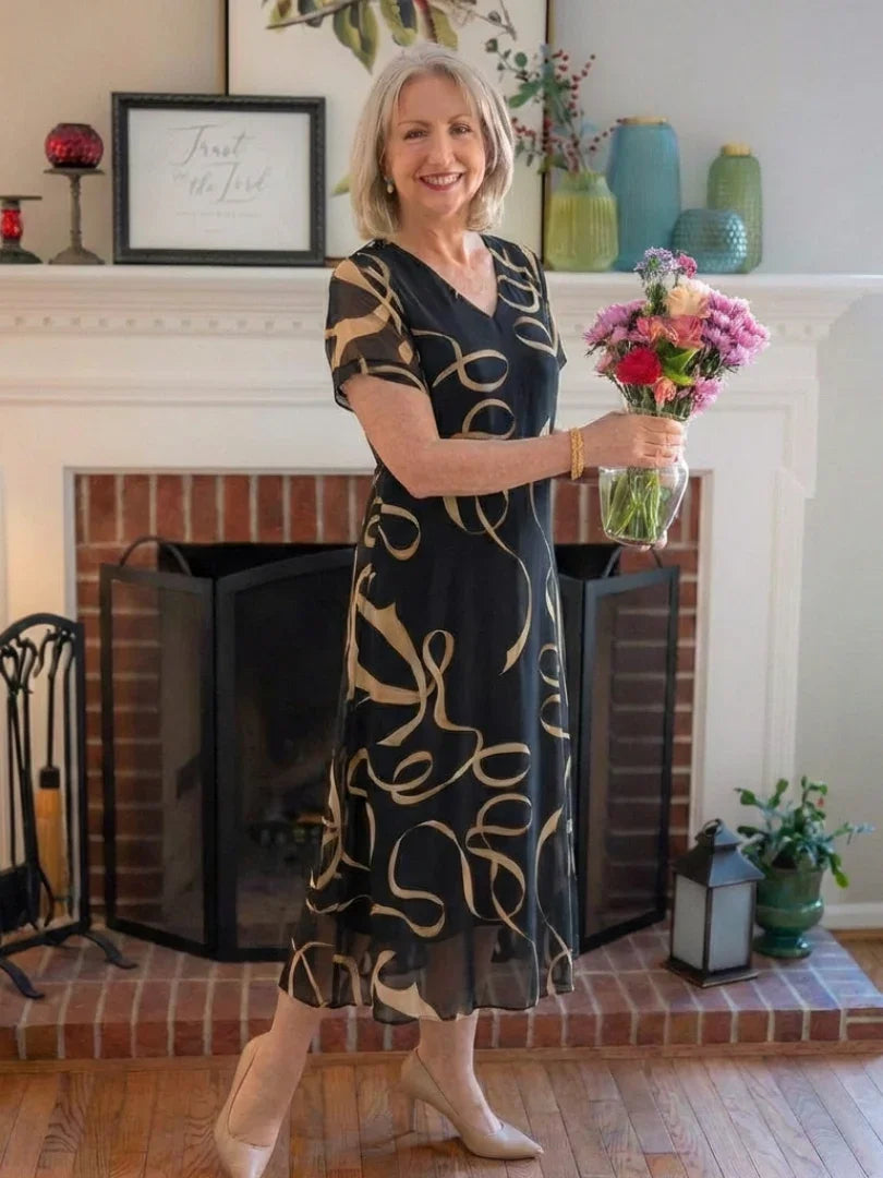 Marisa | V Neck Short Sleeve Midi Dress Abstract Print