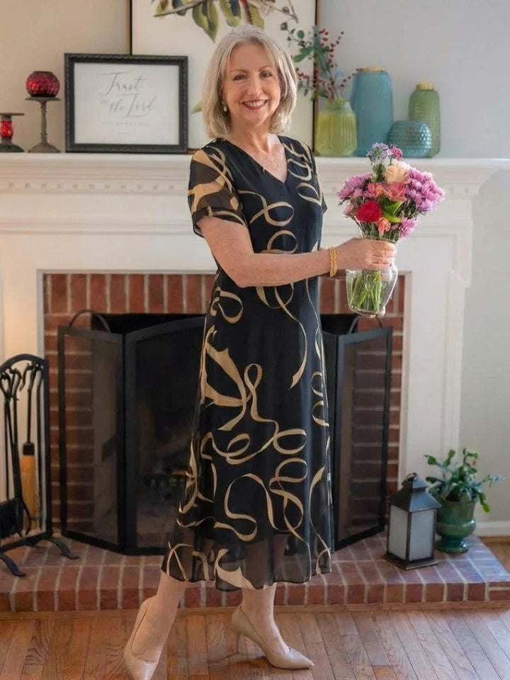 Marisa | V Neck Short Sleeve Midi Dress Abstract Print