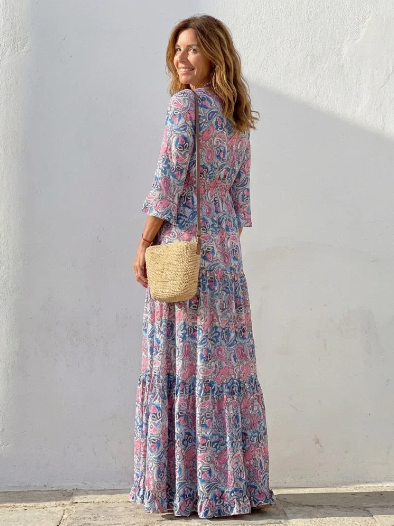 Isabella | Long Sleeve V Neck Bohemian Maxi Dress