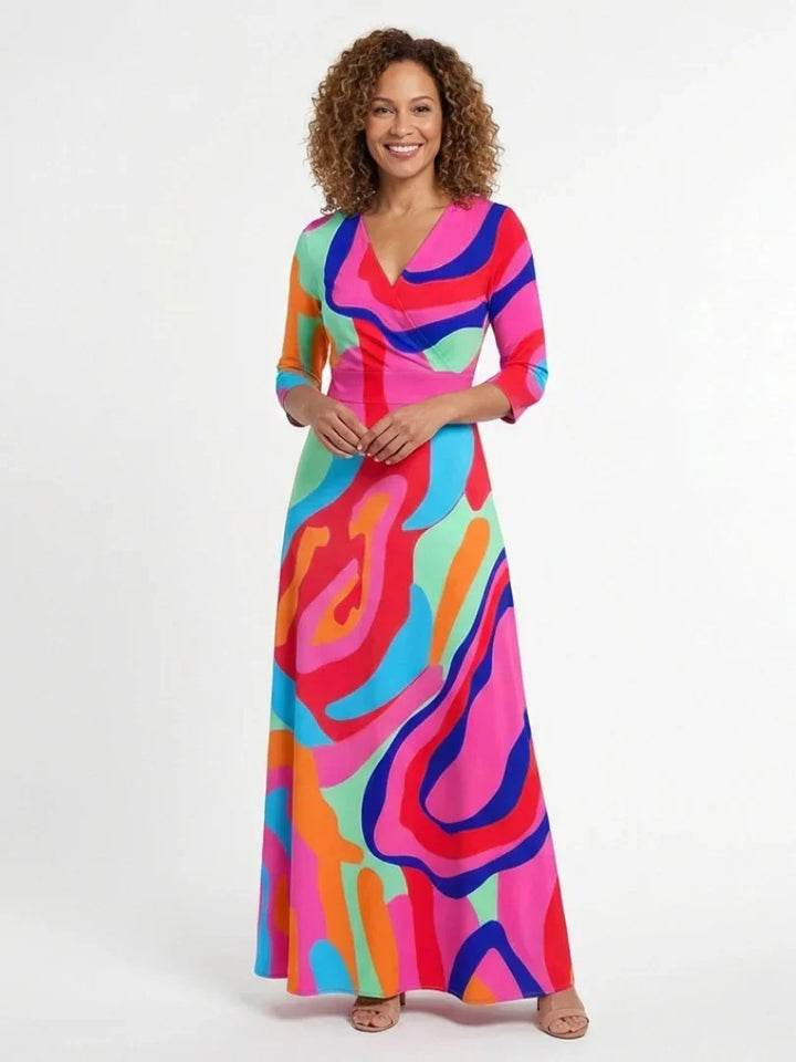Naomi | Three Quarter Sleeve V Neck Abstract Maxi Dress