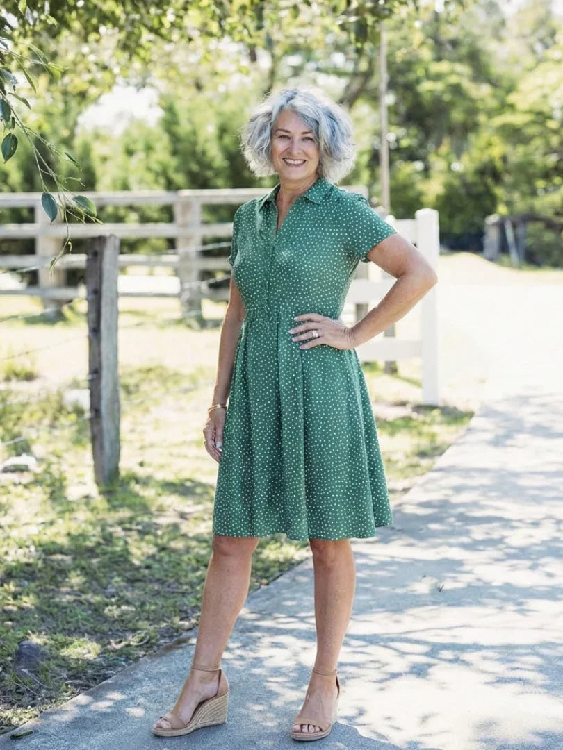 Caroline | Short Sleeve Collared Polka Dot Midi Dress