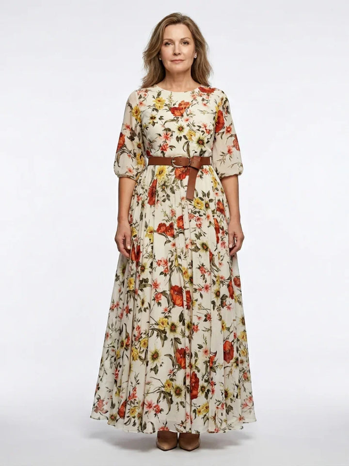 Odelia | Round Neck Three Quarter Sleeve Belted Maxi Dress