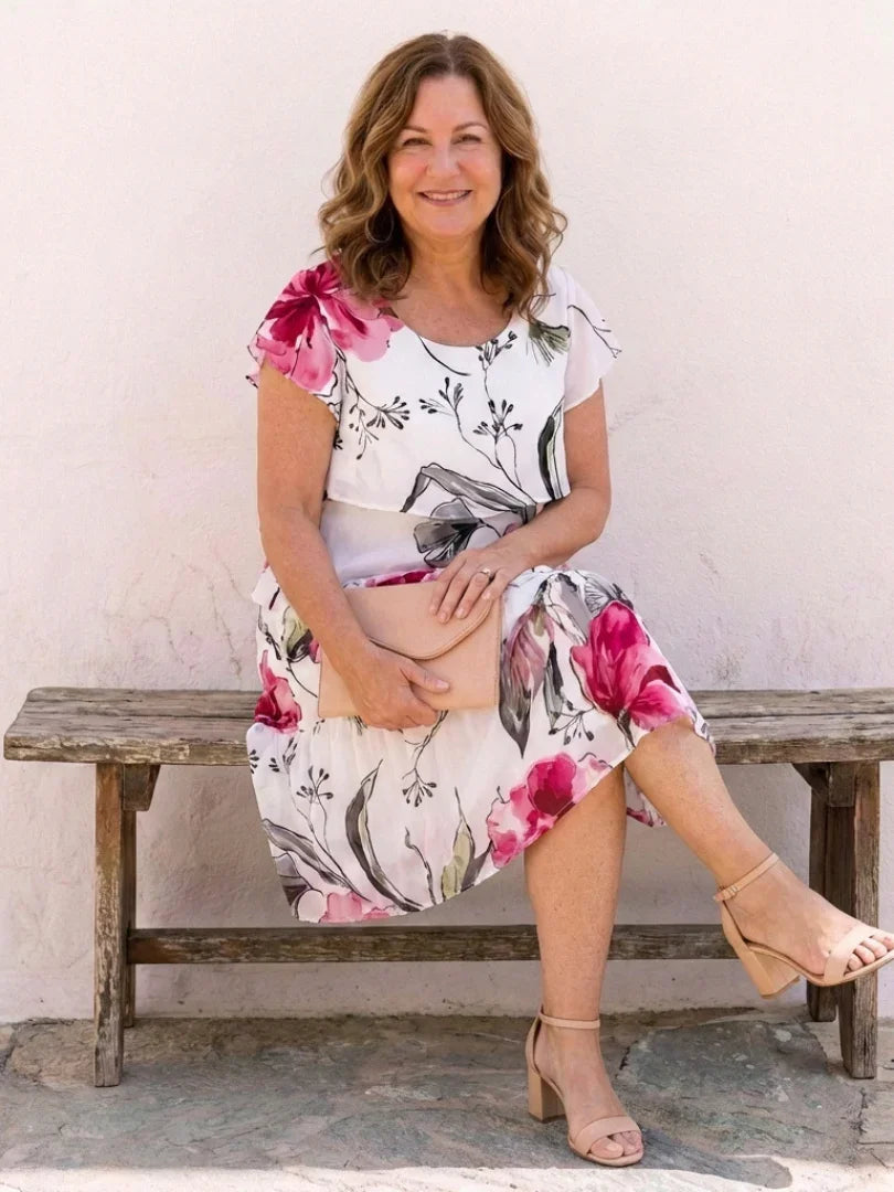 Eleanor | Short Sleeve Floral Layered Knee Length Dress