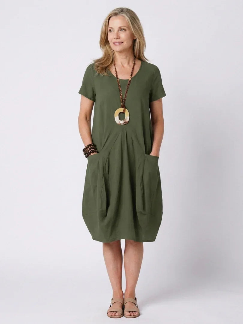 Diane | Short Sleeve Pleated Knee Length Dress