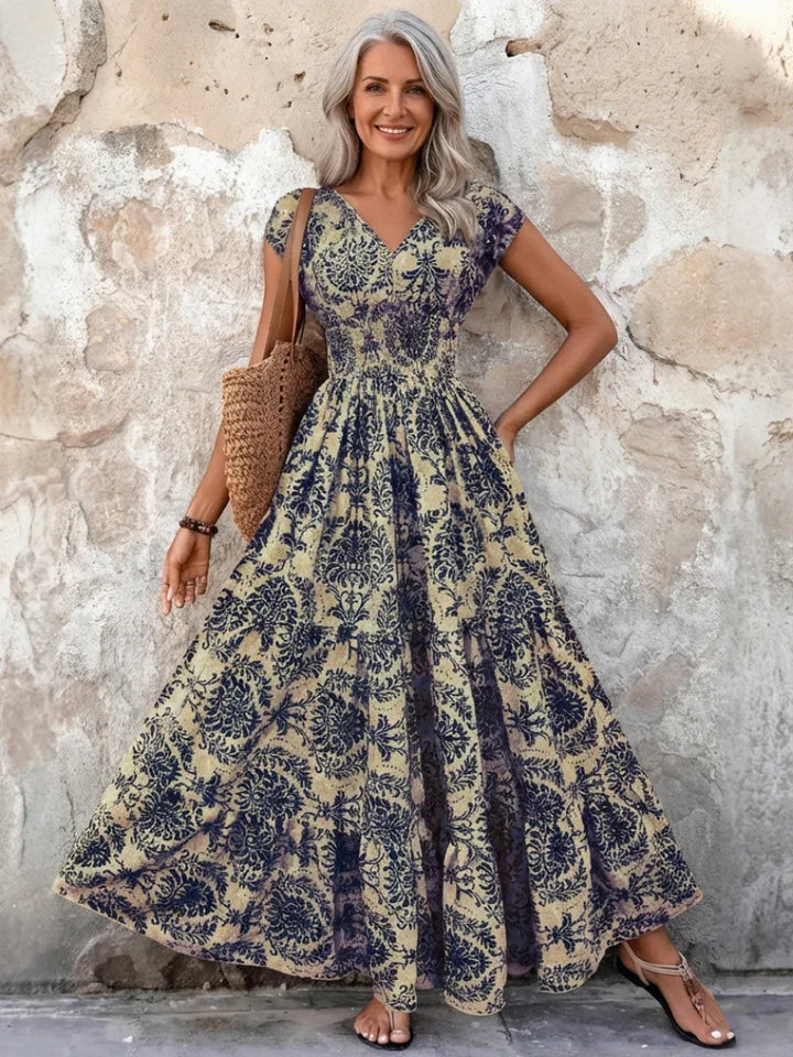 Vivienne | Cap Sleeve V Neck Bohemian Maxi Dress