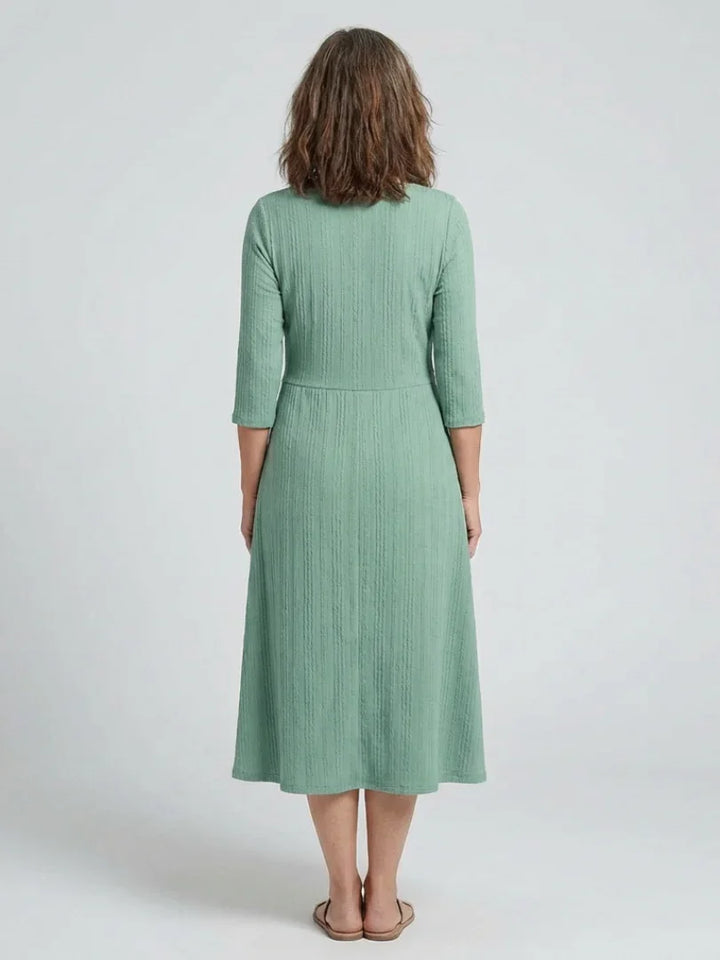 Isolde | Cross Pleated V Neck Button Front Midi Dress