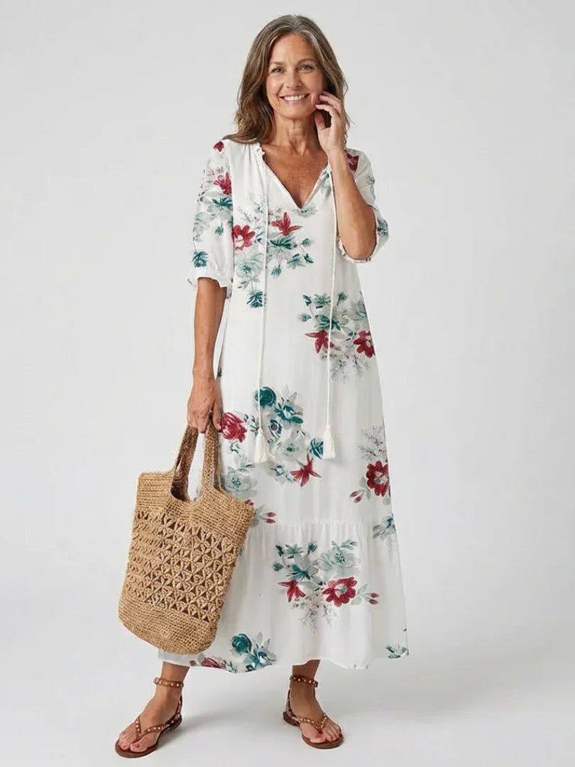Lillian | Floral V Neck Short Sleeve Midi Dress