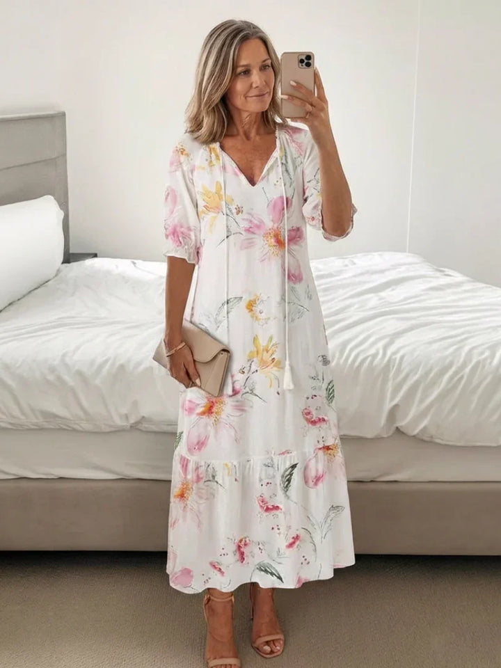 Lillian | Floral V Neck Short Sleeve Midi Dress