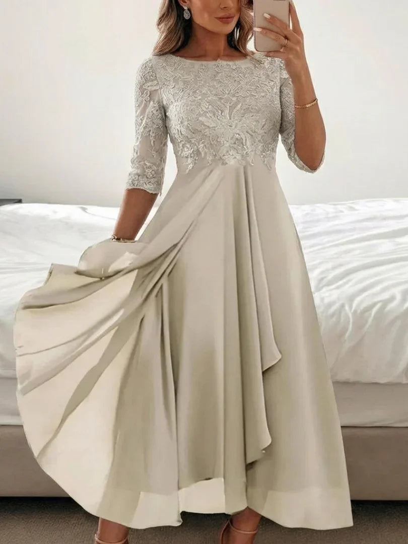 Vivian | Lace Bodice Three Quarter Sleeve Midi Dress
